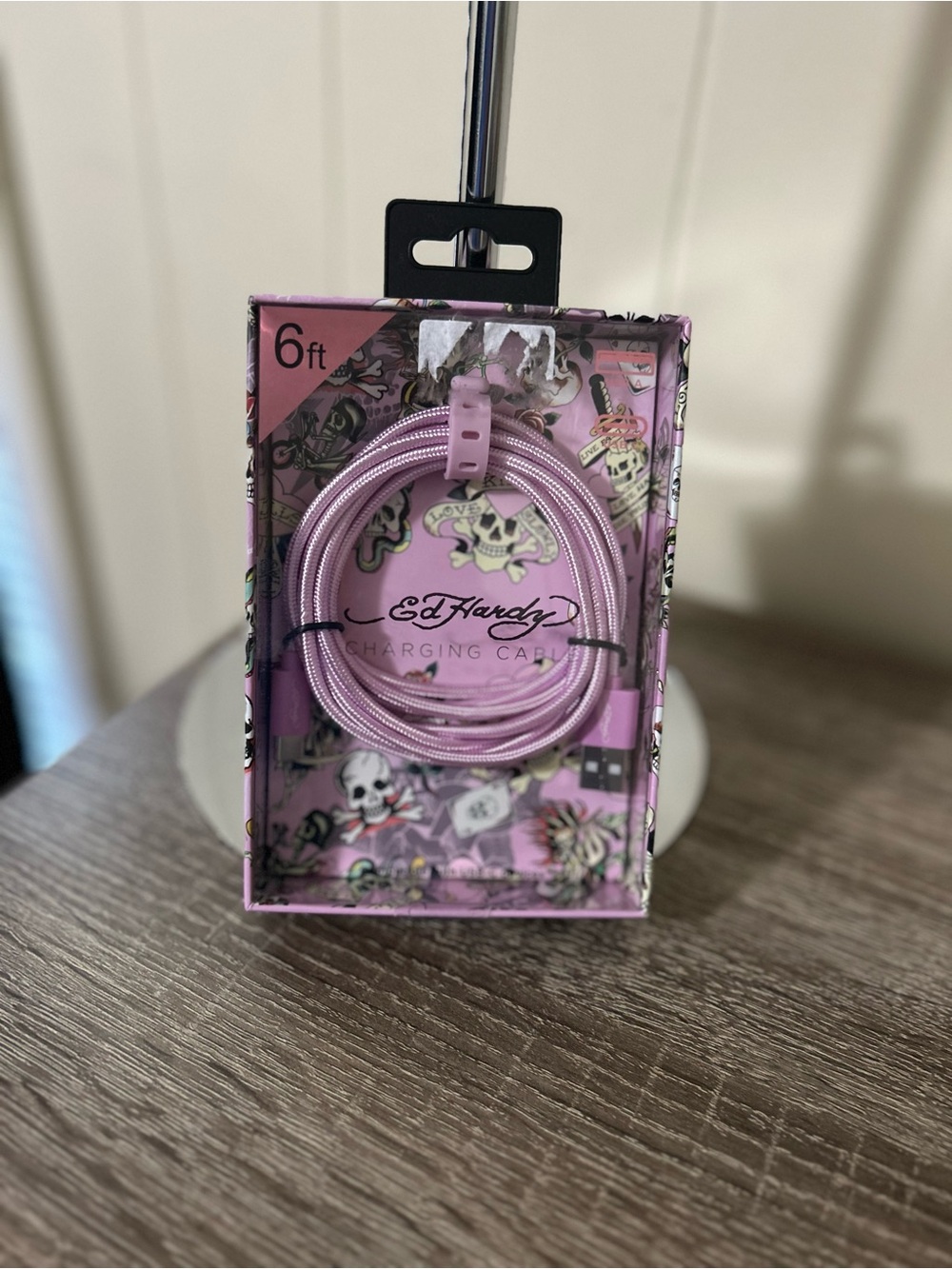 Ed Hardy USB to USB-C Cable in Pink Skull Print Packaging